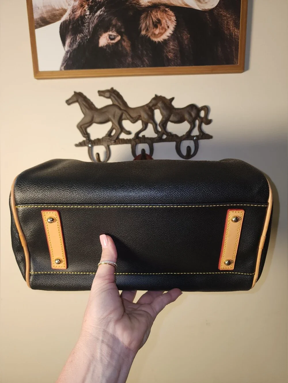 Dooney & Bourke Black Pebbled Leather Olivia Satchel Tan Handles